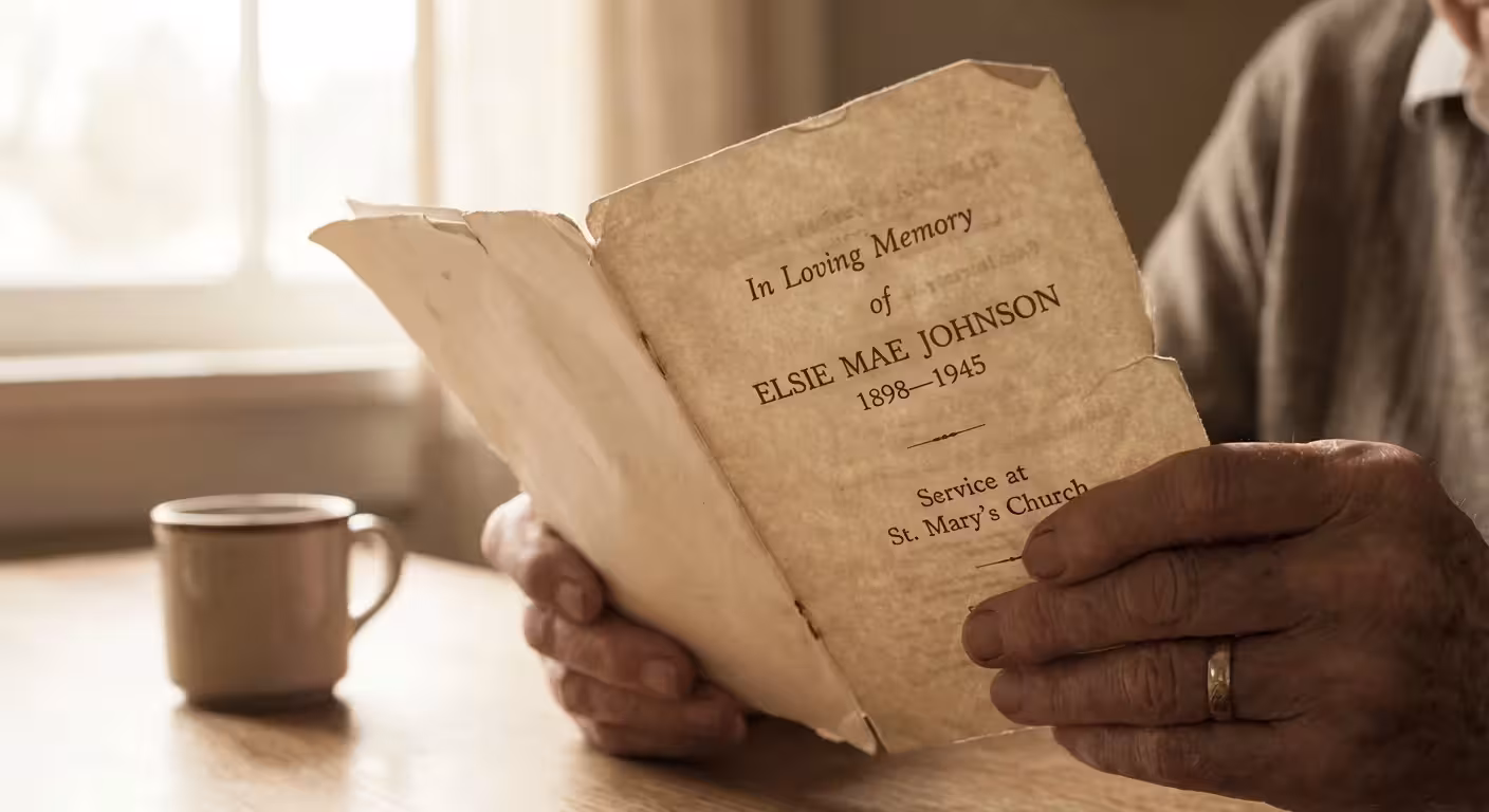 Close-up of hands resting on a vintage funeral program, highlighting the delicate texture of the paper and ink.