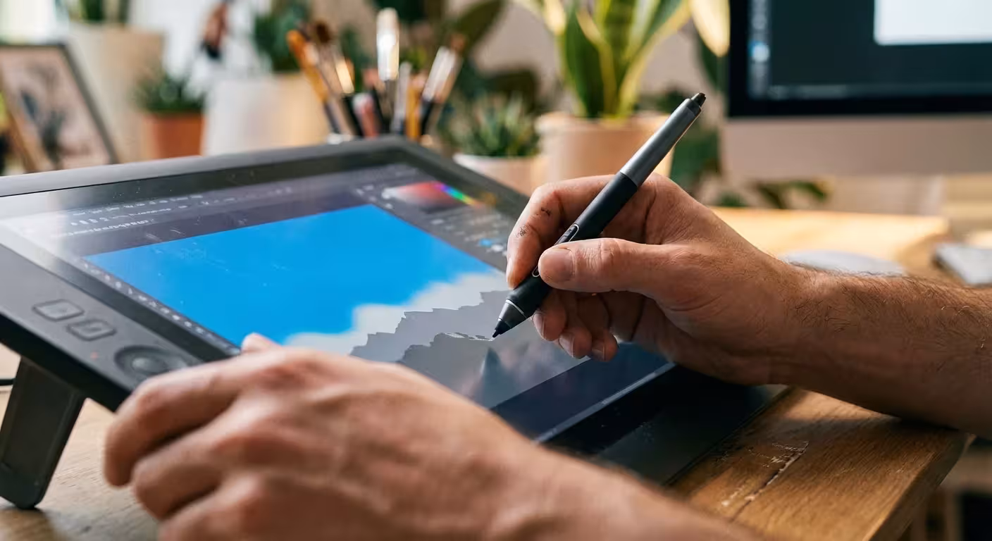 Close-up of hands using a stylus and tablet to perform a sky replacement on a landscape photograph.