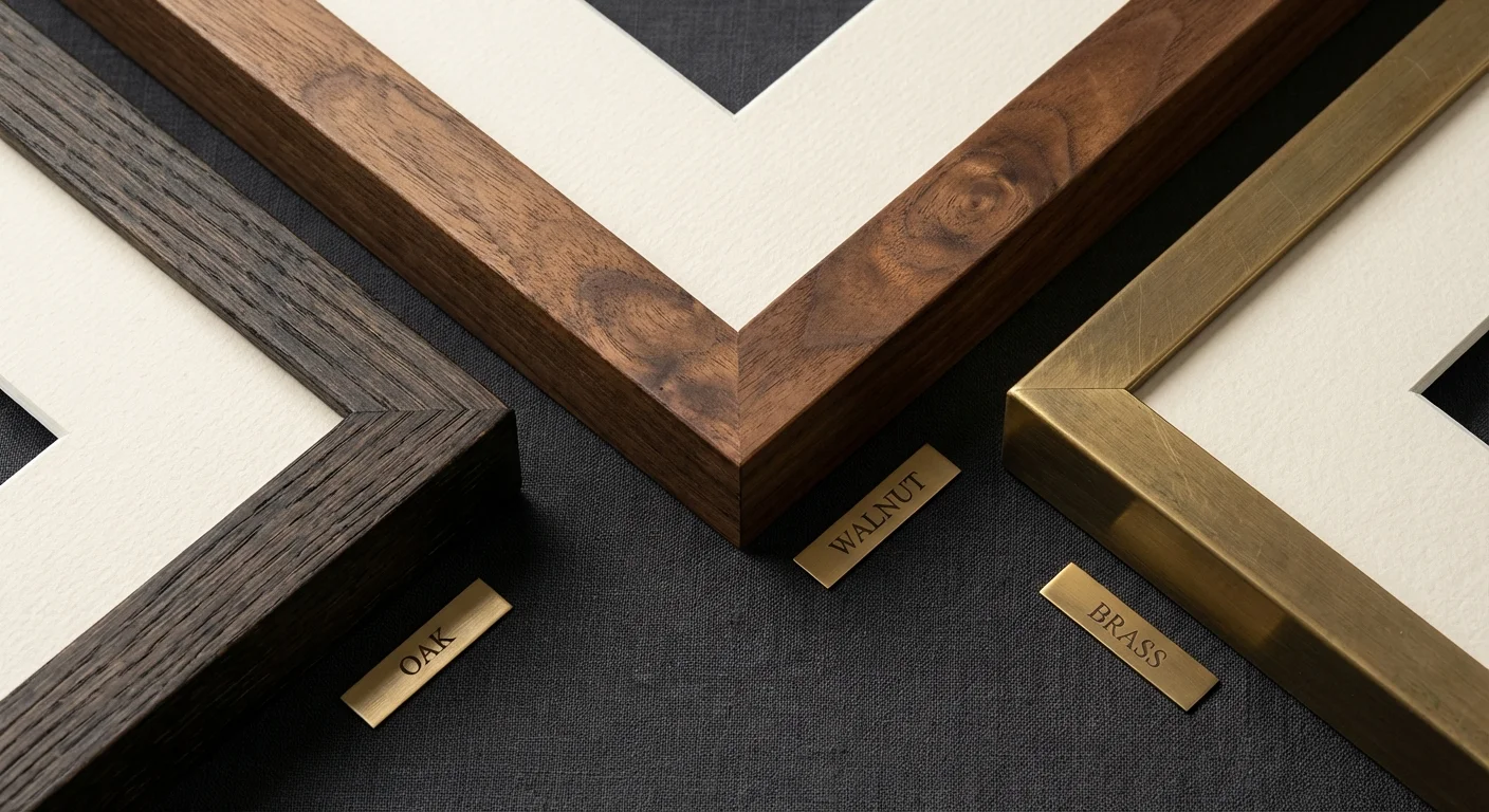 Close-up of high-quality wooden picture frames and archival matting materials.