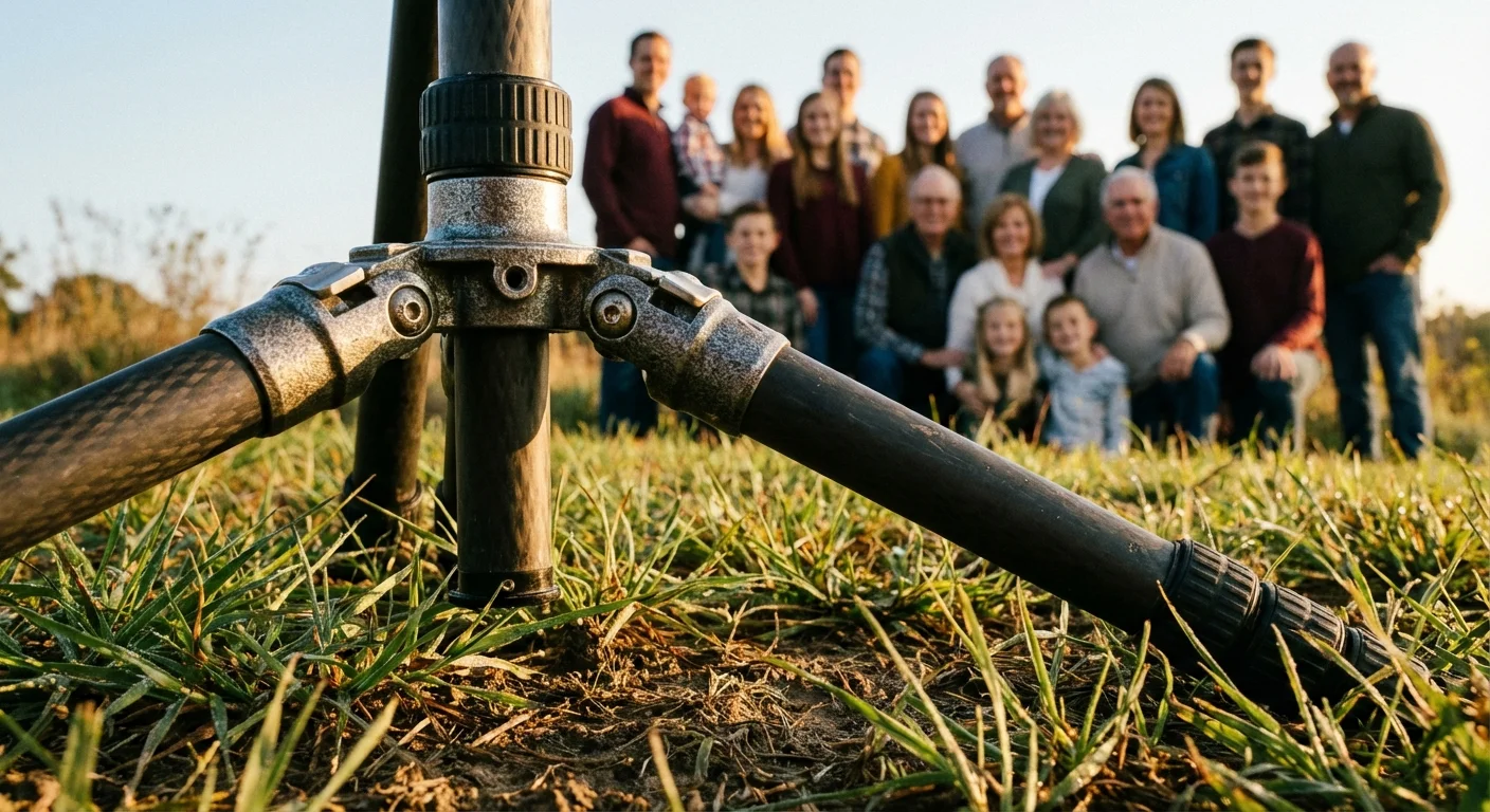 Close-up of tripod legs on grass with a blurred family in the background.