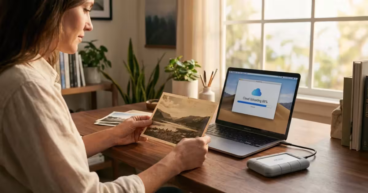A photographer at a wooden desk comparing a physical photo with digital backup tools like an SSD and laptop.