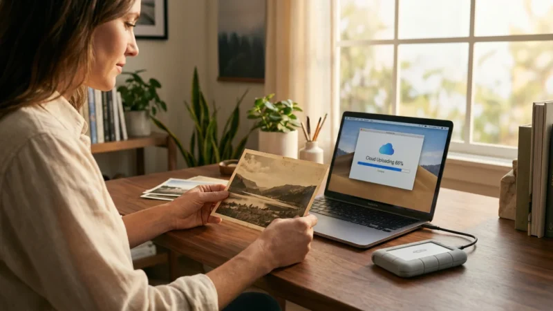 A photographer at a wooden desk comparing a physical photo with digital backup tools like an SSD and laptop.