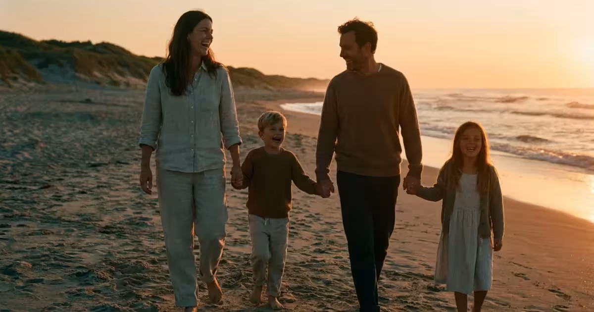 A family walking on a sunset beach with a warm, cinematic color grade.