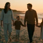 A family walking on a sunset beach with a warm, cinematic color grade.