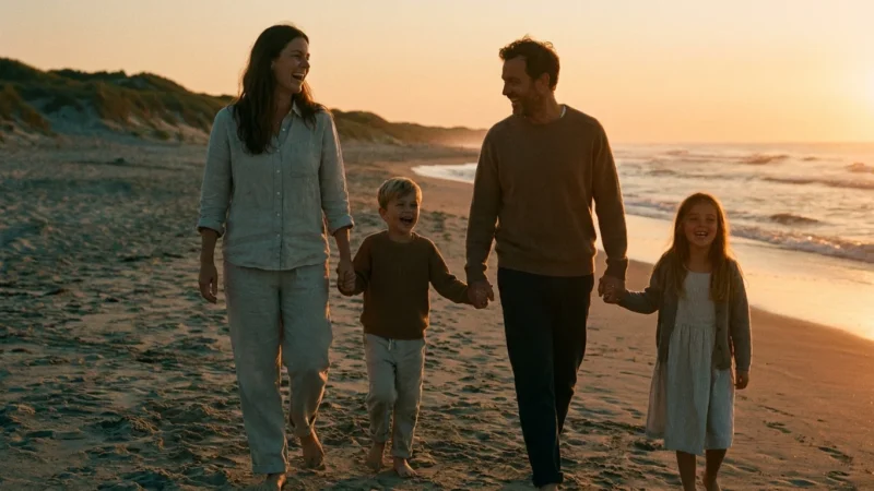 A family walking on a sunset beach with a warm, cinematic color grade.