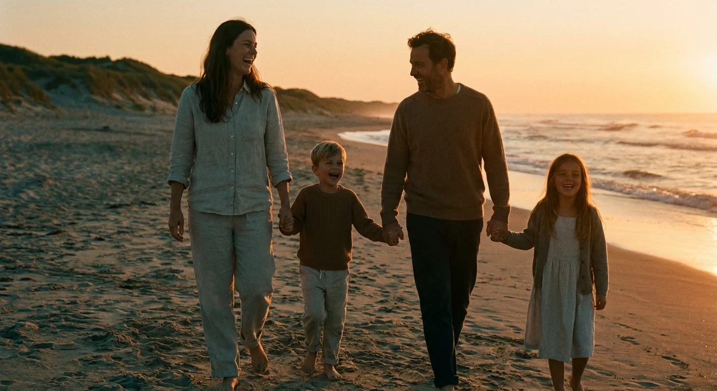 A family walking on a sunset beach with a warm, cinematic color grade.