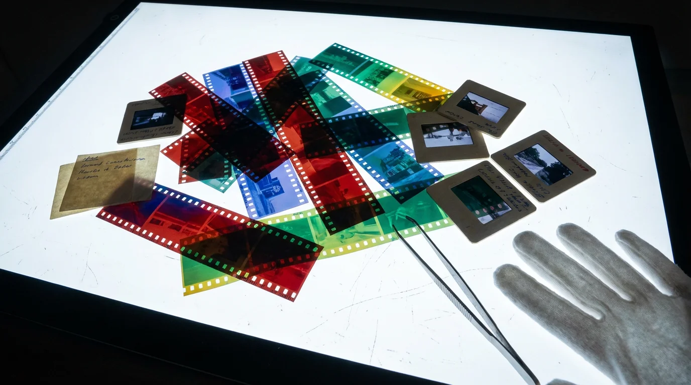 Colorful film negatives and slides displayed on a glowing light table with archival tools.