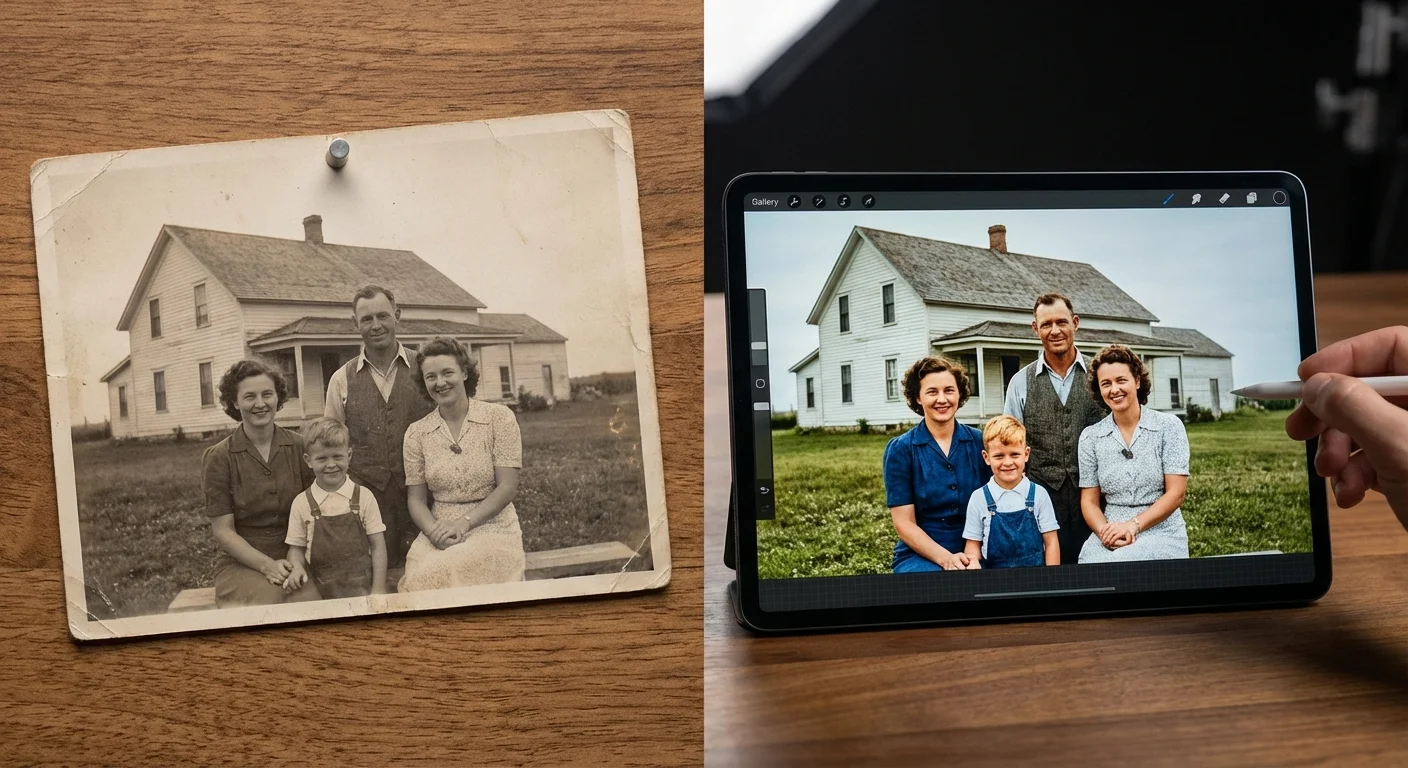 Comparison between a faded physical photograph and its sharp, color-corrected digital version on a tablet.