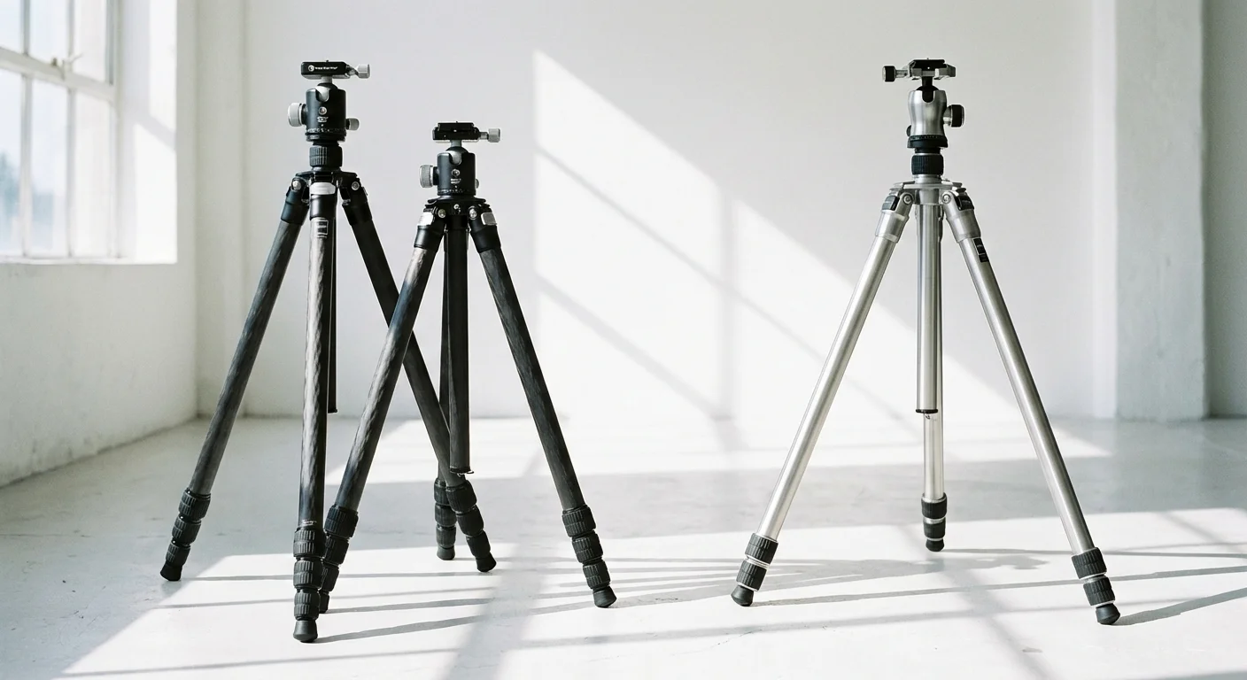 Comparison of carbon fiber and aluminum tripod textures in a bright studio.