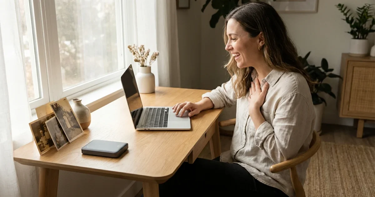 A woman happily organizing photos on her laptop at a bright, minimalist desk.