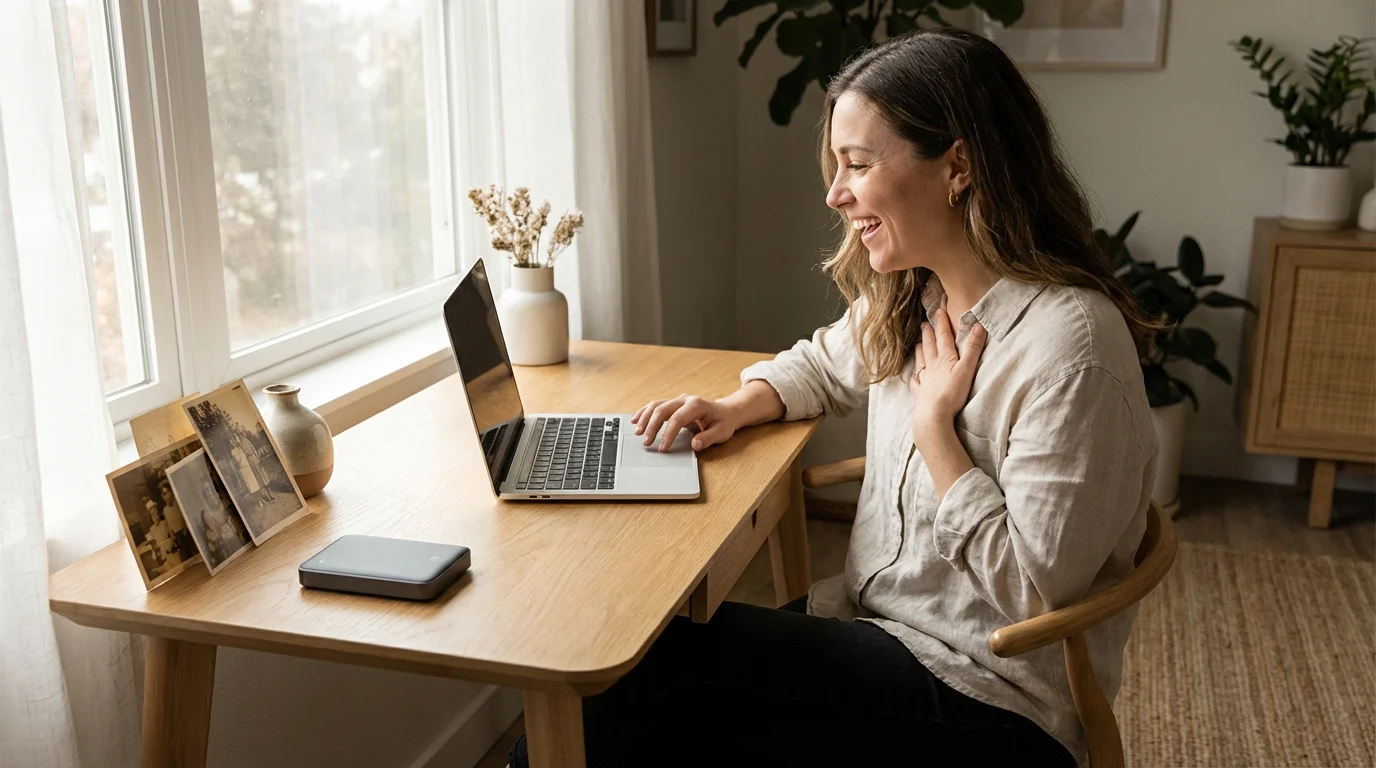 A woman happily organizing photos on her laptop at a bright, minimalist desk.