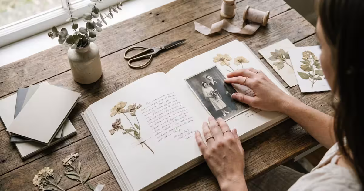 A person assembling a beautiful scrapbook on a wooden table with vintage photos and craft supplies.
