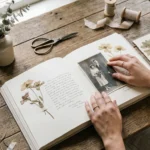 A person assembling a beautiful scrapbook on a wooden table with vintage photos and craft supplies.