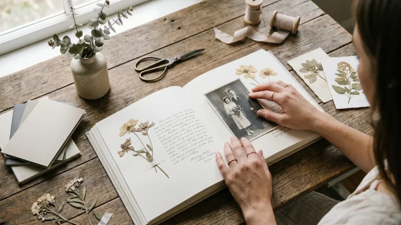 A person assembling a beautiful scrapbook on a wooden table with vintage photos and craft supplies.