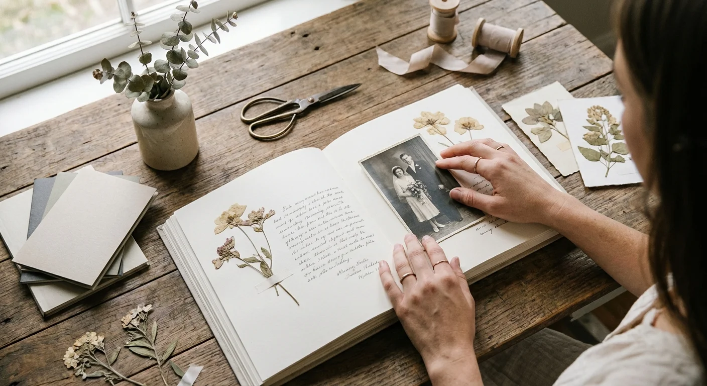 A person assembling a beautiful scrapbook on a wooden table with vintage photos and craft supplies.