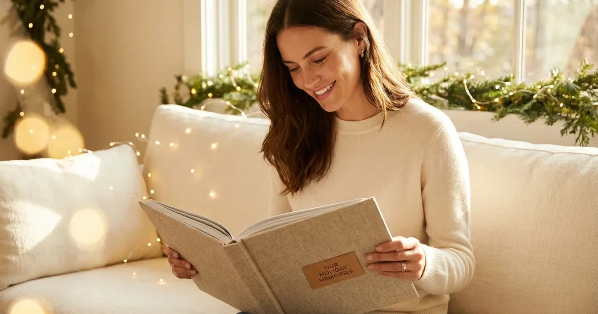 A woman smiling while looking through a high-quality personalized photo book in a cozy, holiday-decorated living room.
