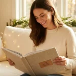 A woman smiling while looking through a high-quality personalized photo book in a cozy, holiday-decorated living room.