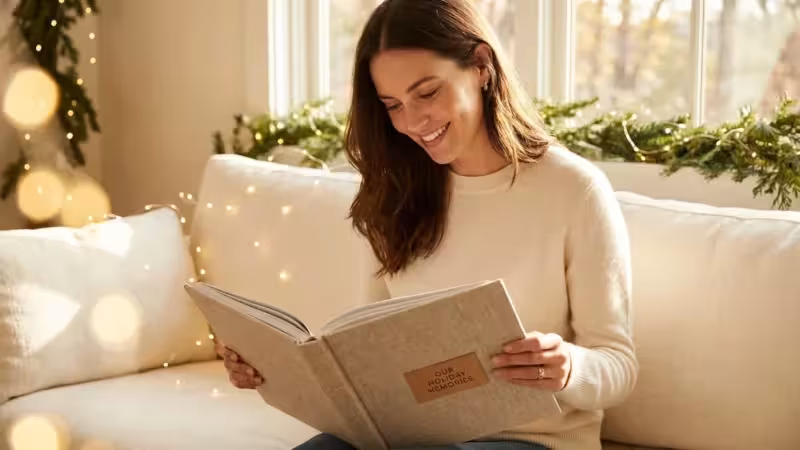 A woman smiling while looking through a high-quality personalized photo book in a cozy, holiday-decorated living room.