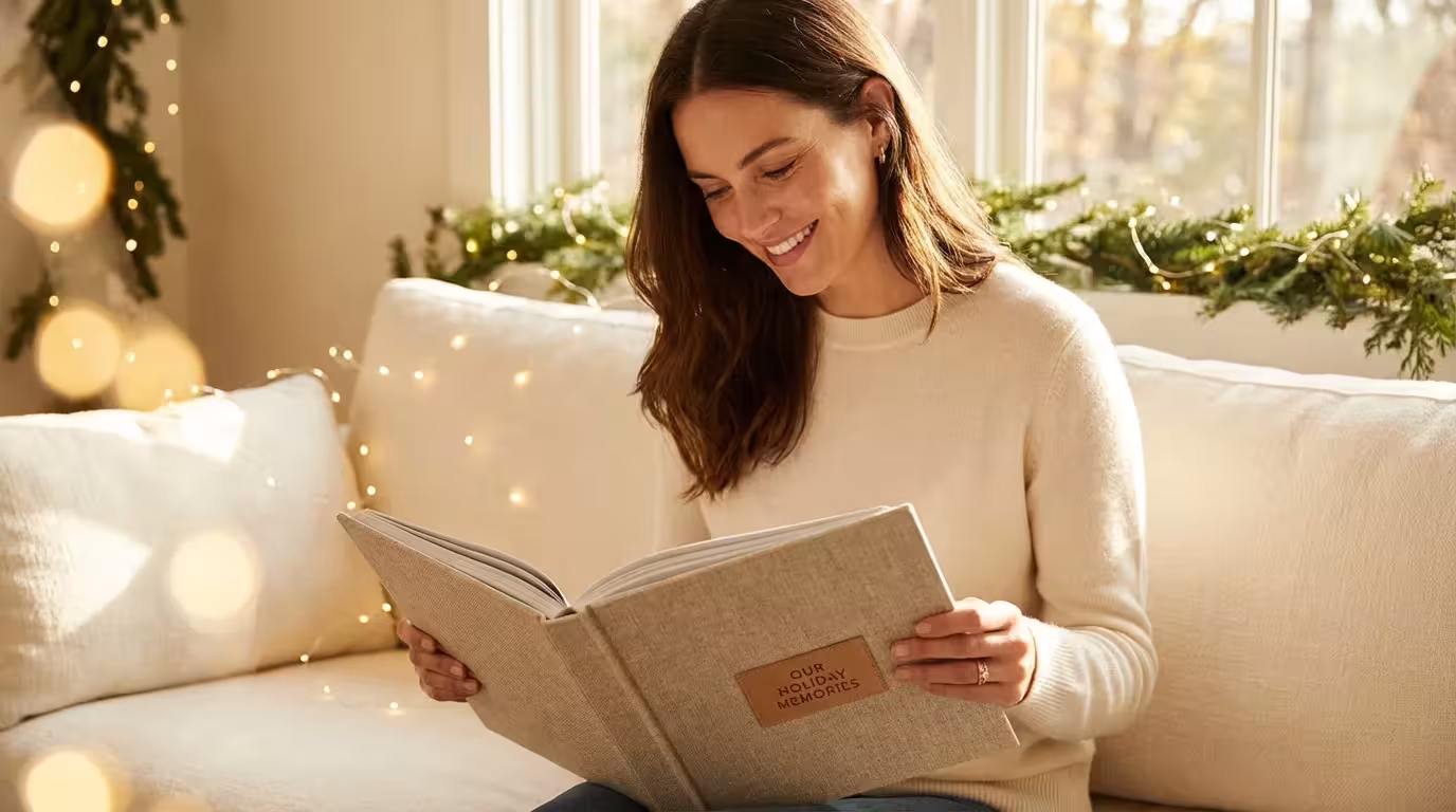 A woman smiling while looking through a high-quality personalized photo book in a cozy, holiday-decorated living room.