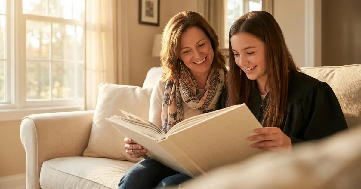 A mother and graduate daughter looking through a high-quality photo book together in a sunlit room.