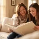 A mother and graduate daughter looking through a high-quality photo book together in a sunlit room.