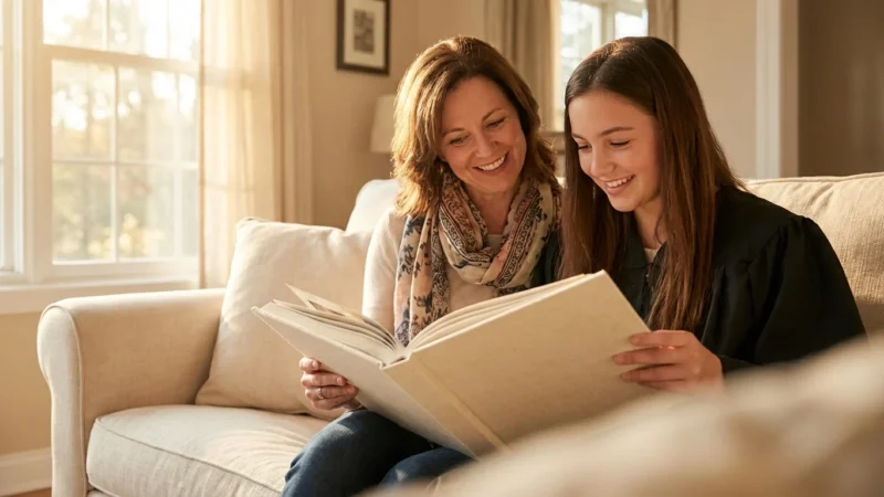 A mother and graduate daughter looking through a high-quality photo book together in a sunlit room.