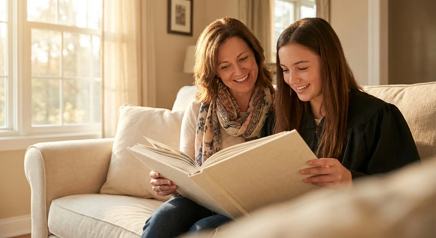 A mother and graduate daughter looking through a high-quality photo book together in a sunlit room.