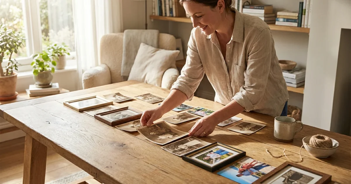 A woman organizing a chronological line of family photos on a wooden table in a bright room.