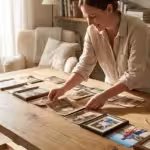 A woman organizing a chronological line of family photos on a wooden table in a bright room.