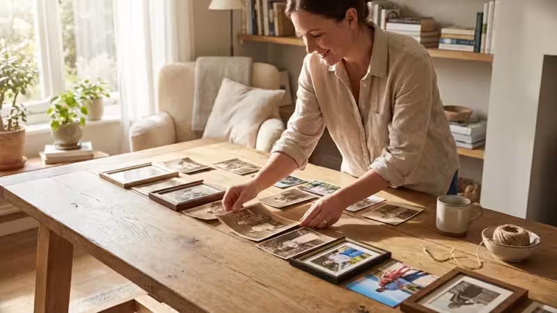 A woman organizing a chronological line of family photos on a wooden table in a bright room.