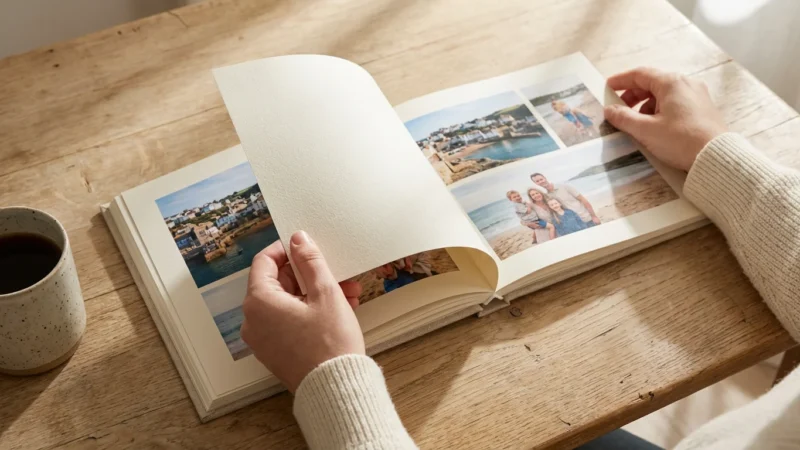 Close-up of hands turning the pages of a high-quality linen photo book on a wooden table in soft light.