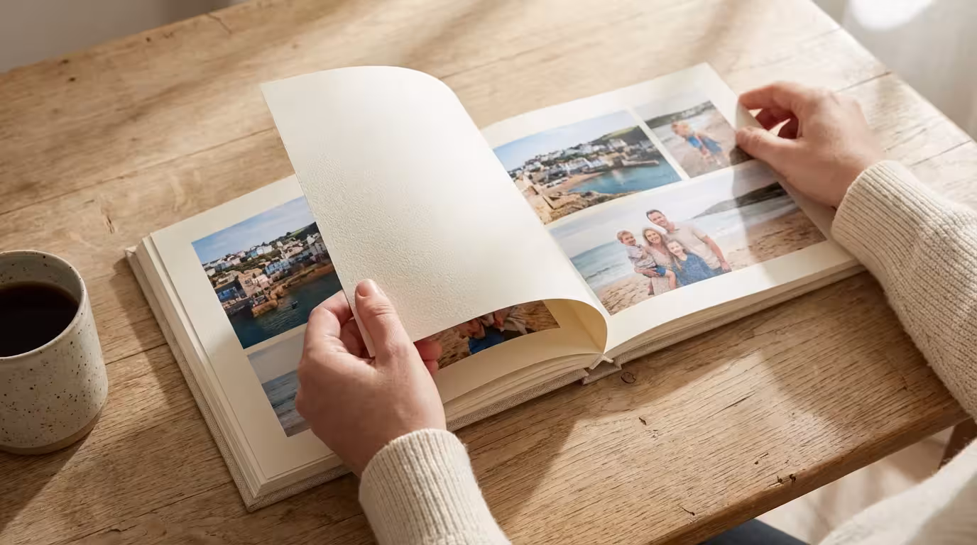Close-up of hands turning the pages of a high-quality linen photo book on a wooden table in soft light.