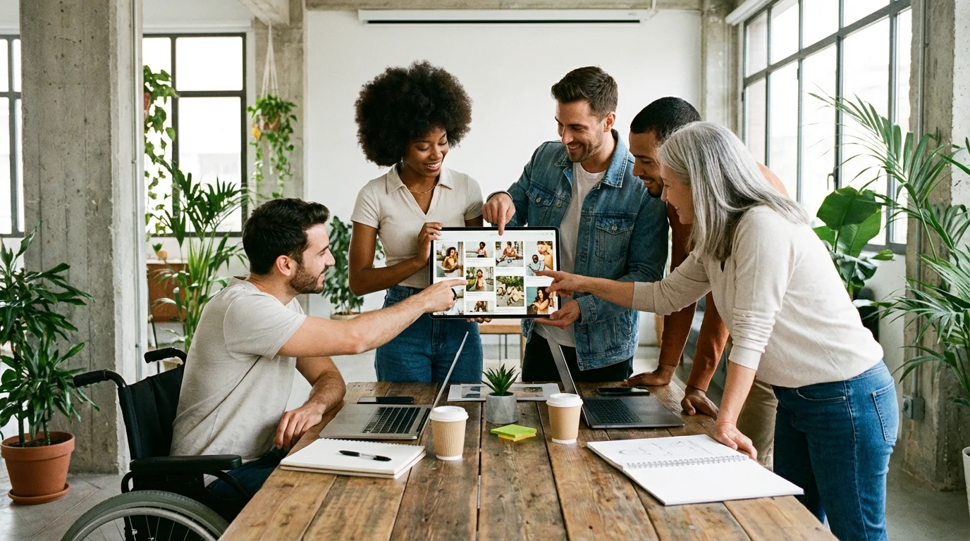 Creative professionals collaborating and selecting digital images in a bright office.