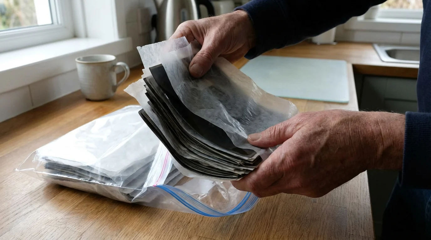 Damp photos separated by wax paper being placed in a freezer bag for preservation.