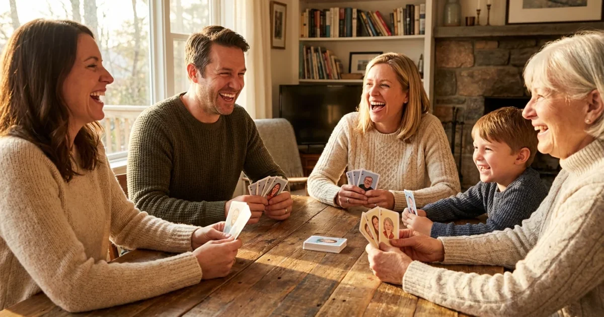 A family playing cards together with custom decks featuring their own photos in a warm, sunlit room.
