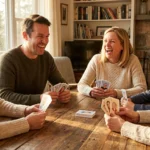 A family playing cards together with custom decks featuring their own photos in a warm, sunlit room.