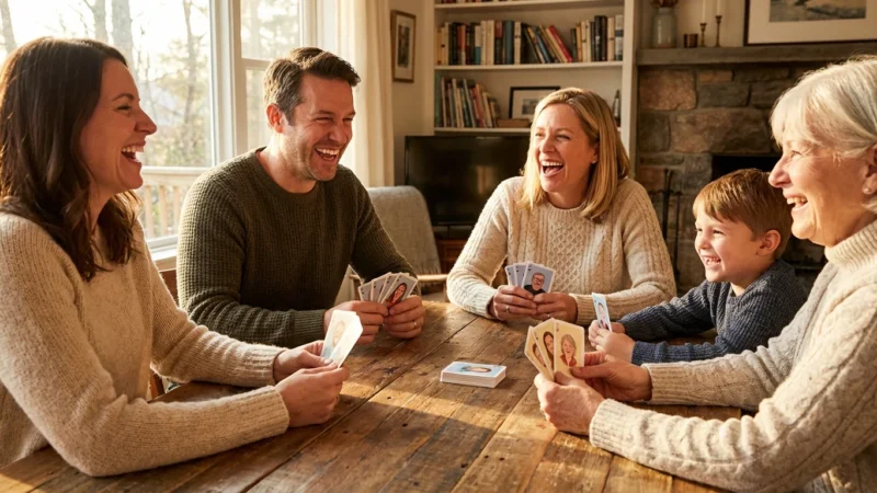 A family playing cards together with custom decks featuring their own photos in a warm, sunlit room.