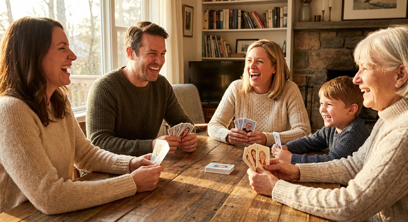 A family playing cards together with custom decks featuring their own photos in a warm, sunlit room.