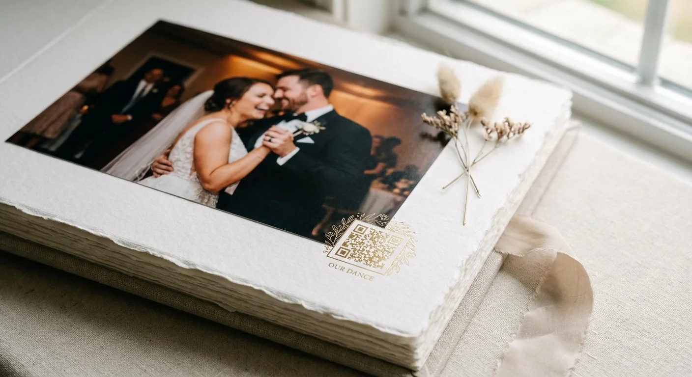 Detail of a wedding album page featuring a dance photo and a small QR code.
