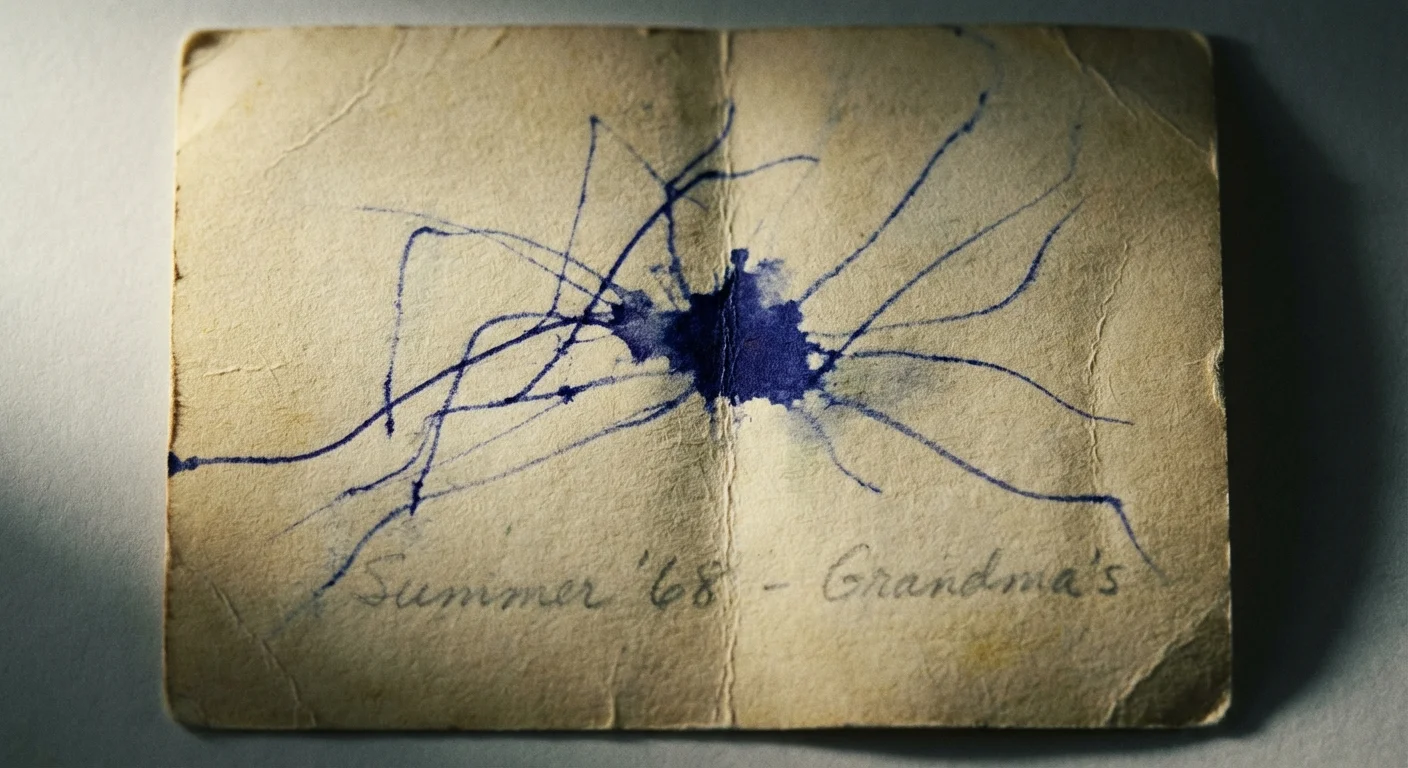Detailed view of ink bleeding through the back of an old photograph, showing chemical damage.