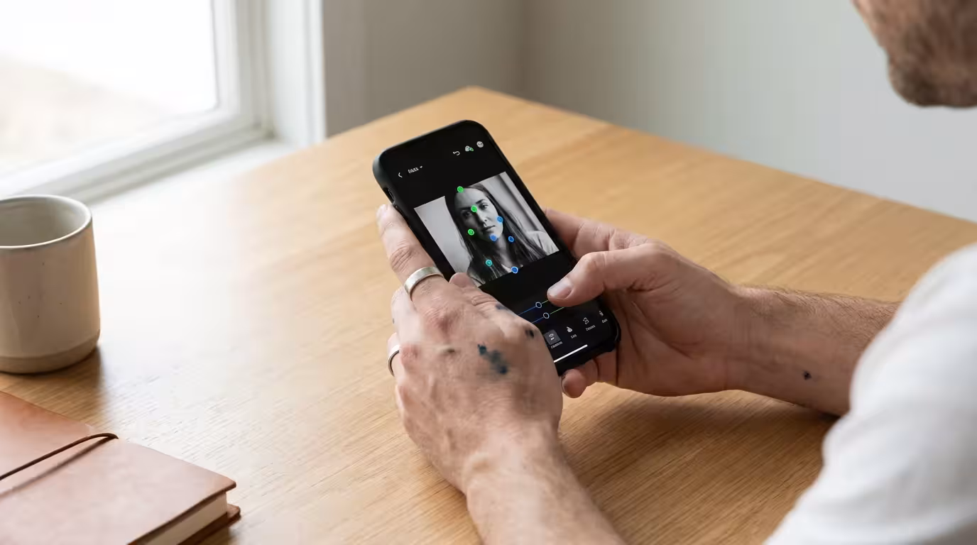 Detailed view of someone using precision editing tools on a smartphone app.