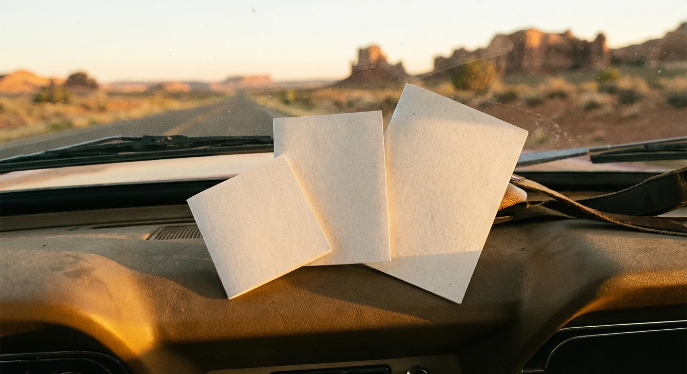 Different zine paper formats displayed on a car dashboard against a blurred road background.