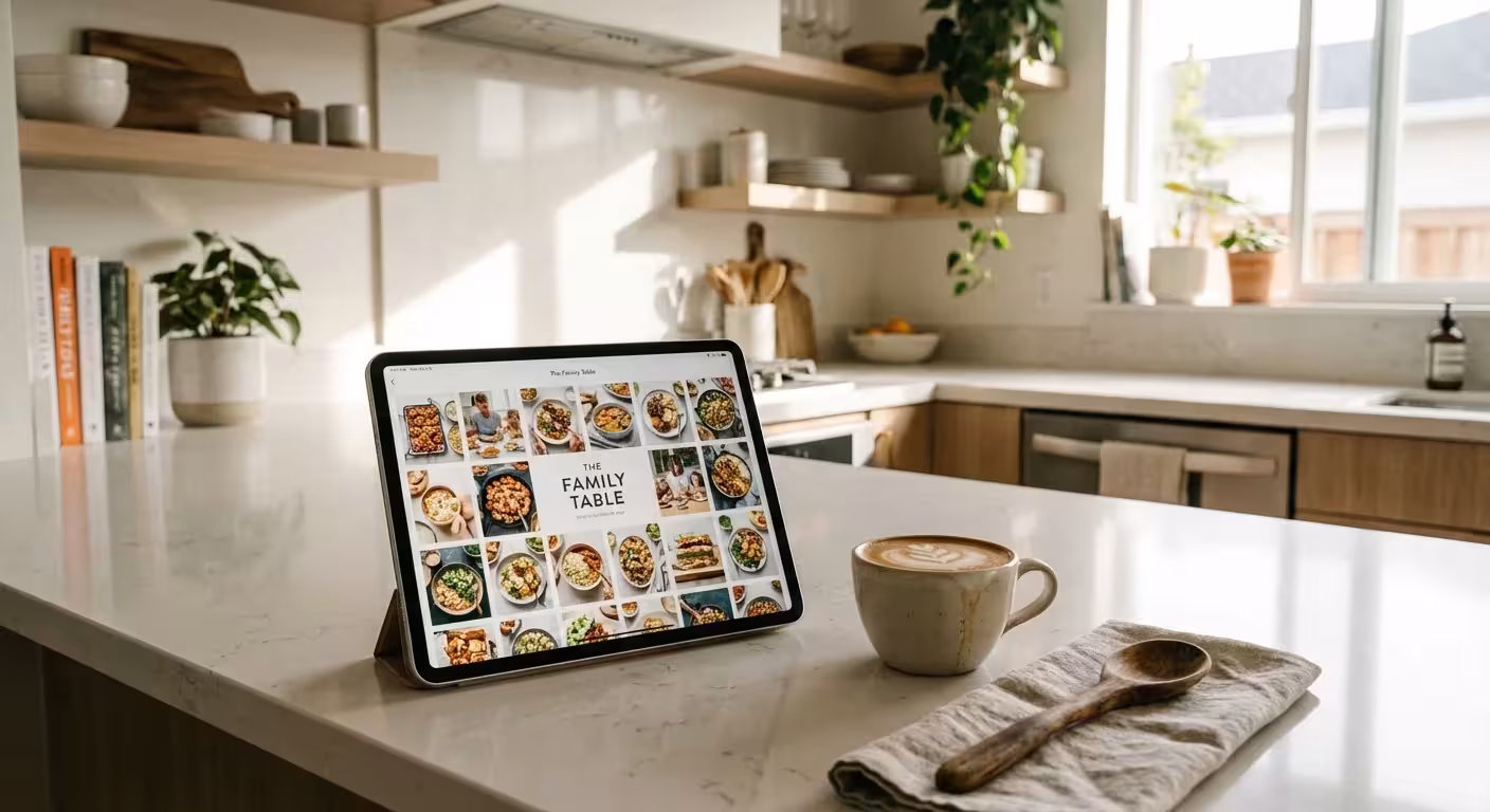 Digital cookbook layout displayed on a tablet in a cozy, modern kitchen.