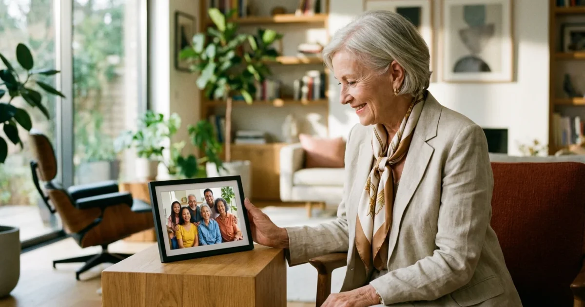 A senior woman smiling at a digital photo frame displaying a family photo in a bright, modern living room.