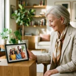 A senior woman smiling at a digital photo frame displaying a family photo in a bright, modern living room.
