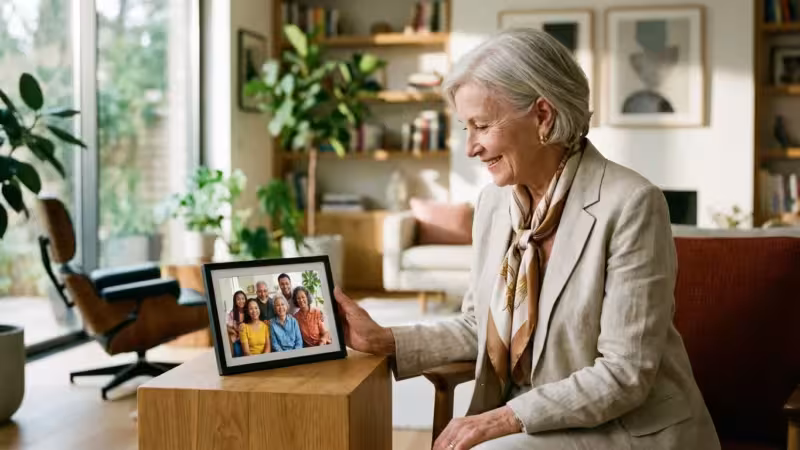 A senior woman smiling at a digital photo frame displaying a family photo in a bright, modern living room.