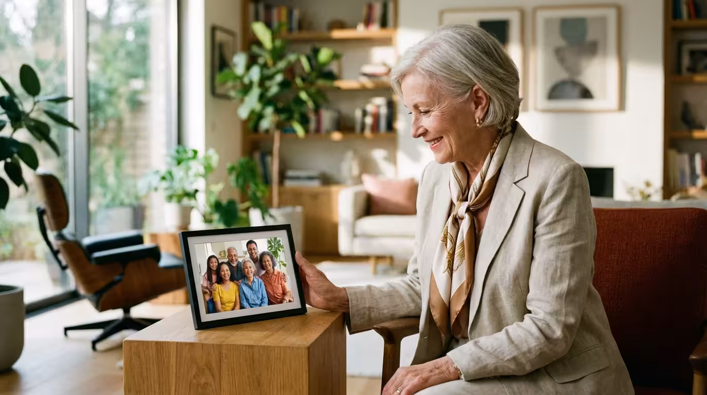 A senior woman smiling at a digital photo frame displaying a family photo in a bright, modern living room.
