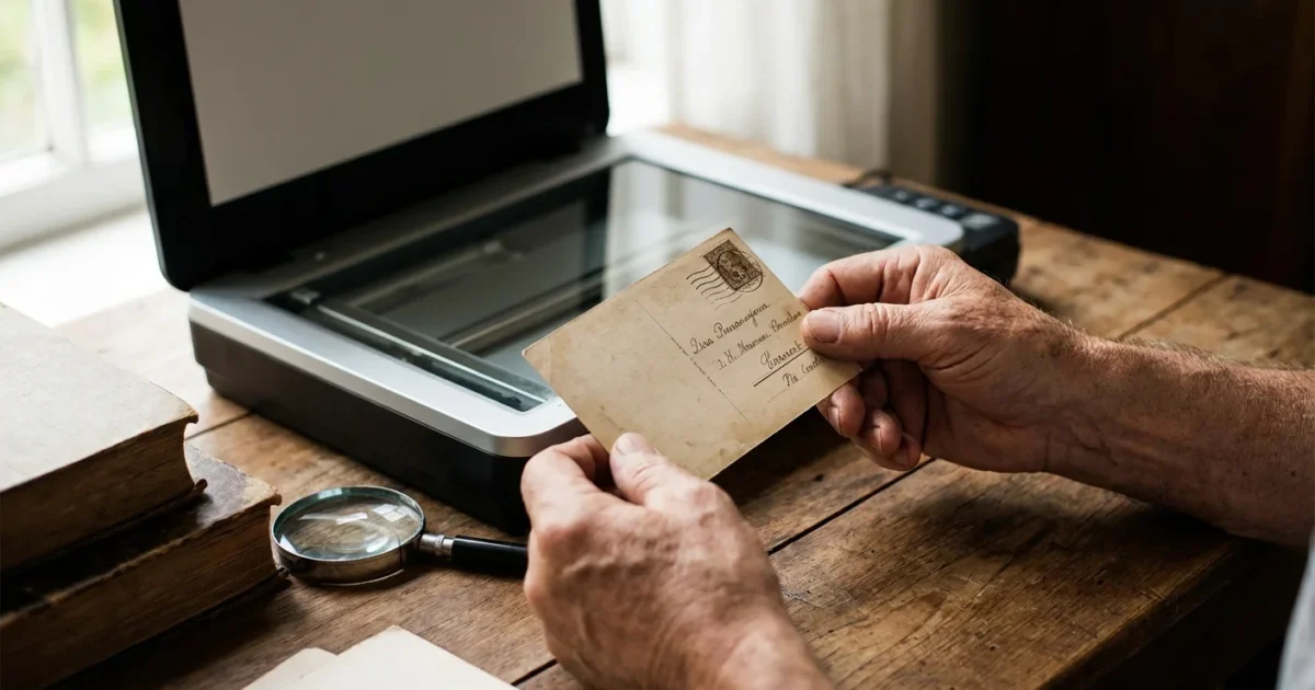 A person holding a vintage postcard at a wooden desk with a scanner, representing the start of a photo digitization project.