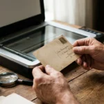 A person holding a vintage postcard at a wooden desk with a scanner, representing the start of a photo digitization project.