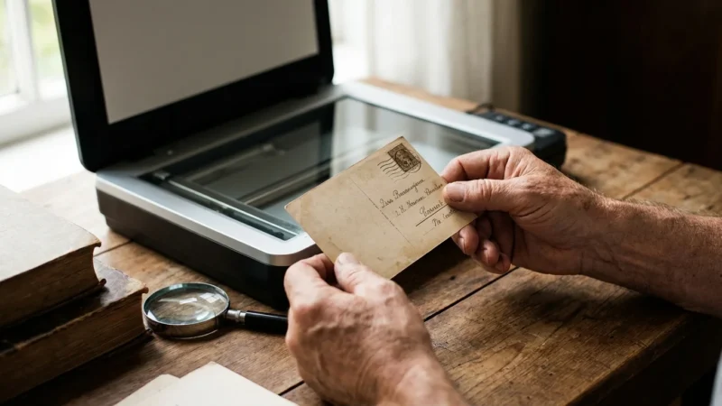 A person holding a vintage postcard at a wooden desk with a scanner, representing the start of a photo digitization project.